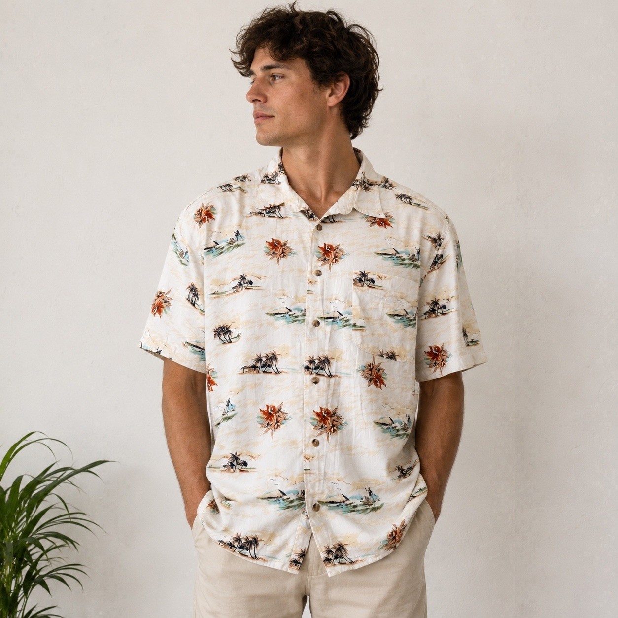 Crossings Hawaiian Shirt Tropical Island Print Cream Large Short Sleeve Beach