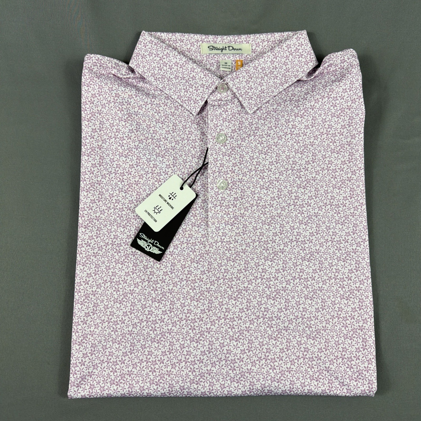 Straight Down Golf Shirt Polo Oleander Print Medium Purple Polyester MSRP $110