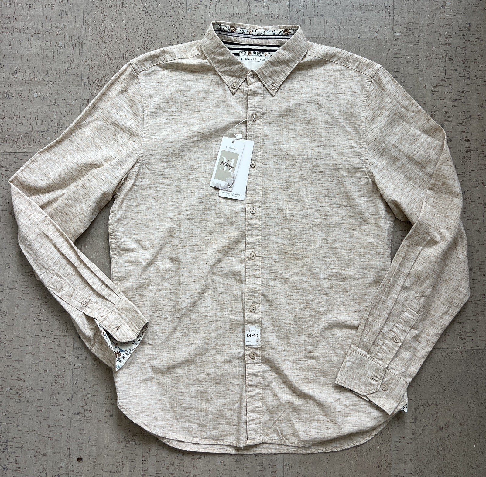 Denim & Flower Ricky Singh Button Down Shirt NWT Beige Textured Mens Medium