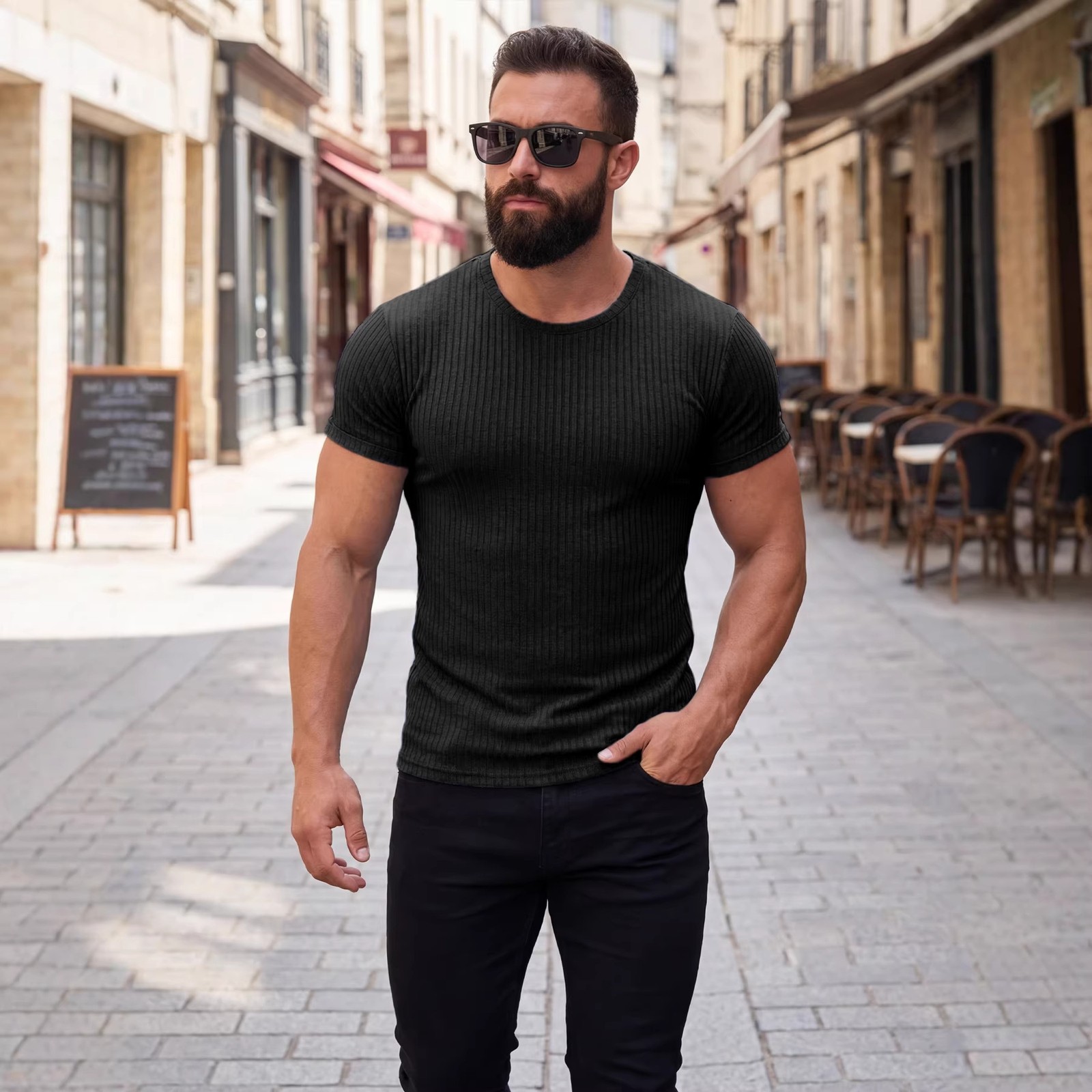 Summer Vertical Stripe Stretch Crew Neck Athletic Tee
