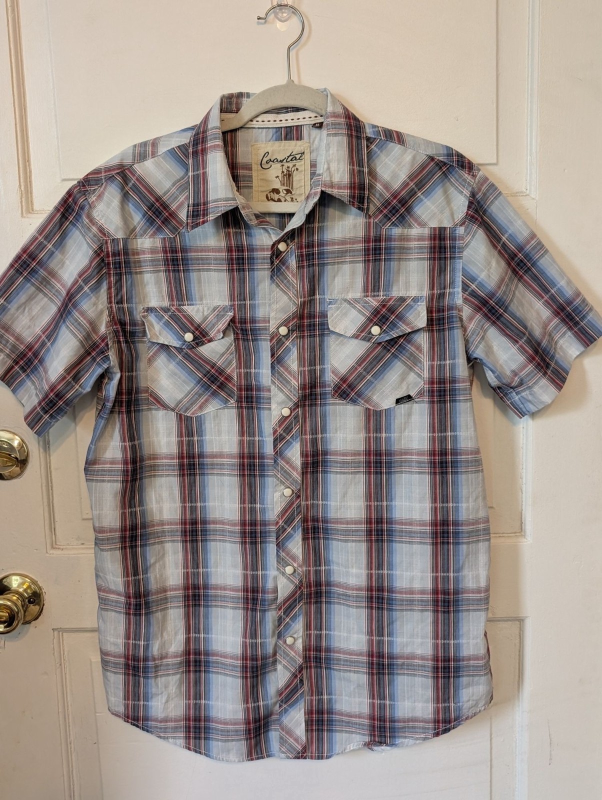 Men’s Coastal California Plaid Short Sleeve Western Shirt Size M Pearl Snap