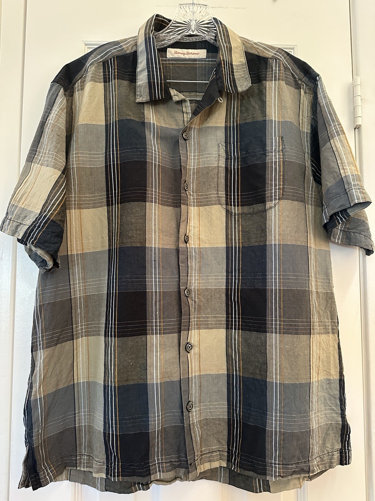 Tommy Bahama Men’s Large Plaid Short Sleeve Button Down Shirt Linen Silk Blend