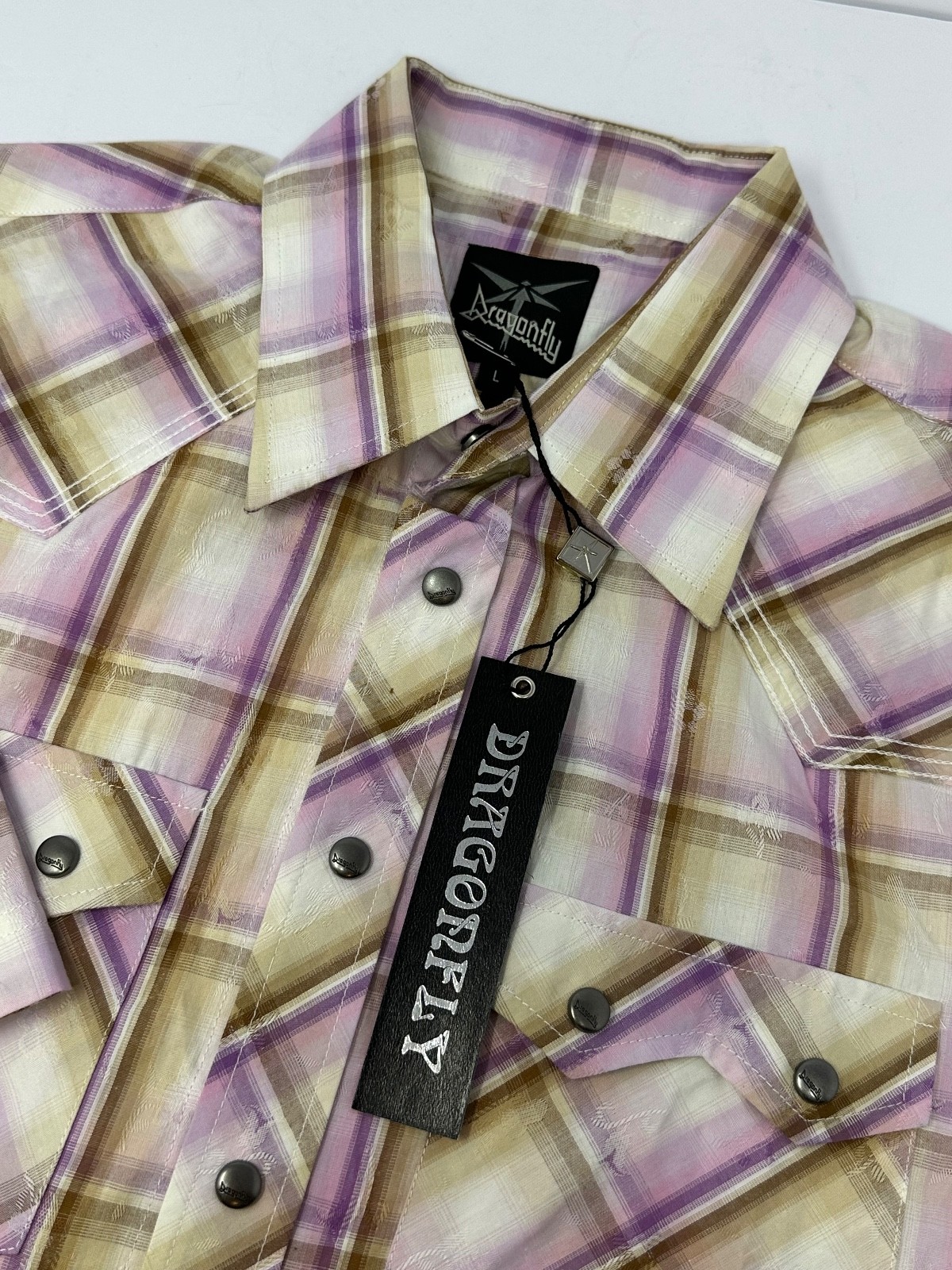 NWT DRAGONFLY Mens Sz L Metal Pearl Snap Western Style Plaid Shirt R8