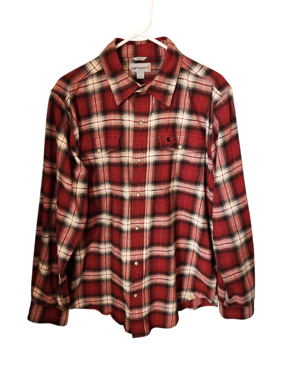 Carhartt Flannel Shirt Mens Size Large Slim Fit Red White Black Plaid Pearl Snap