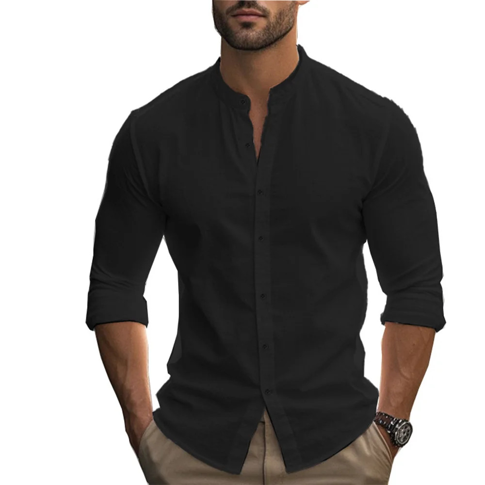 Men’s Henry Shirts Cotton Linen Slim Fit Causal Hawaiian Solid Color Basic Style