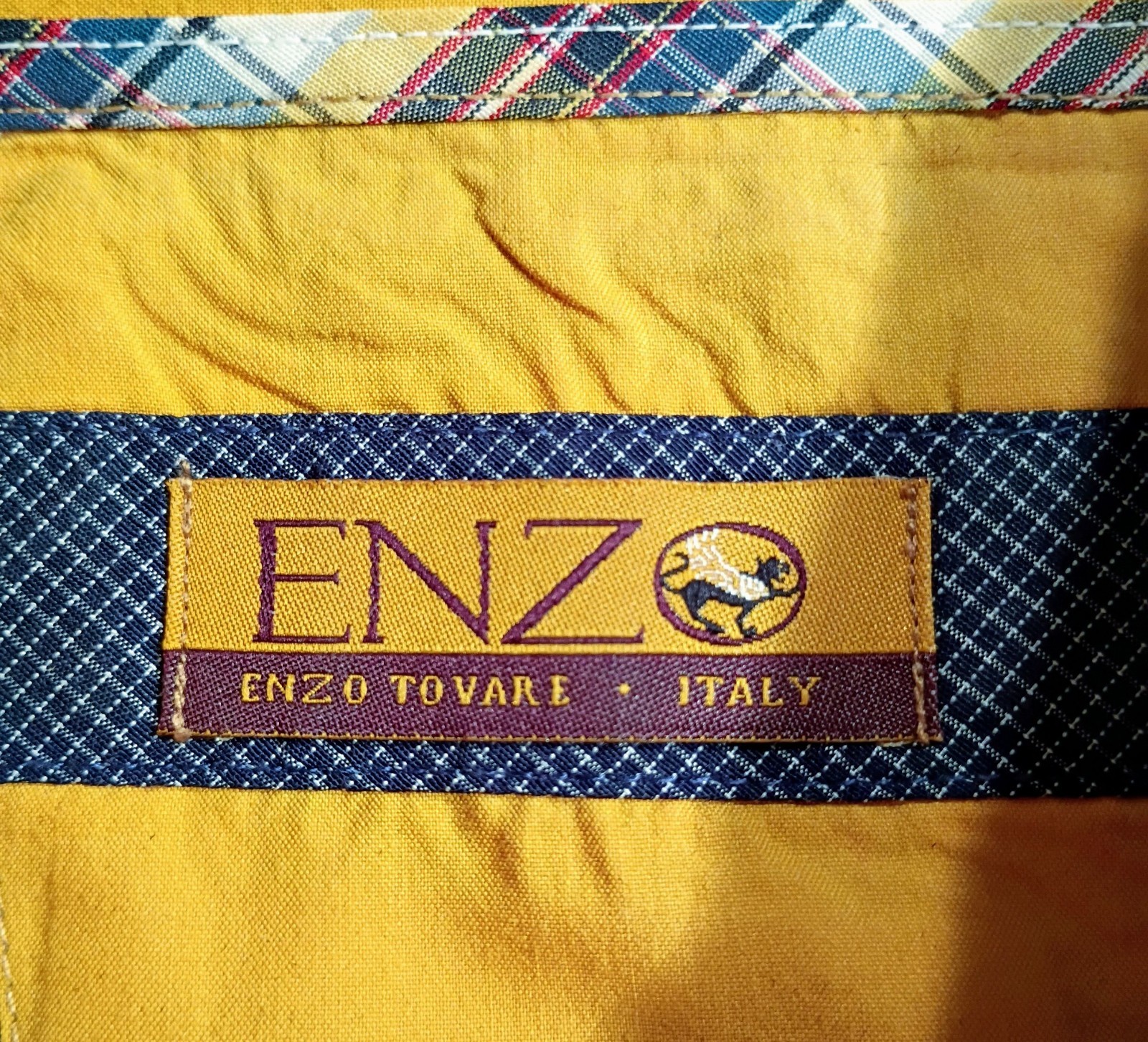 Enzo Made in Italy Button Up Mustard Teal Plaid Shirt Size M/L Convertible Cuff