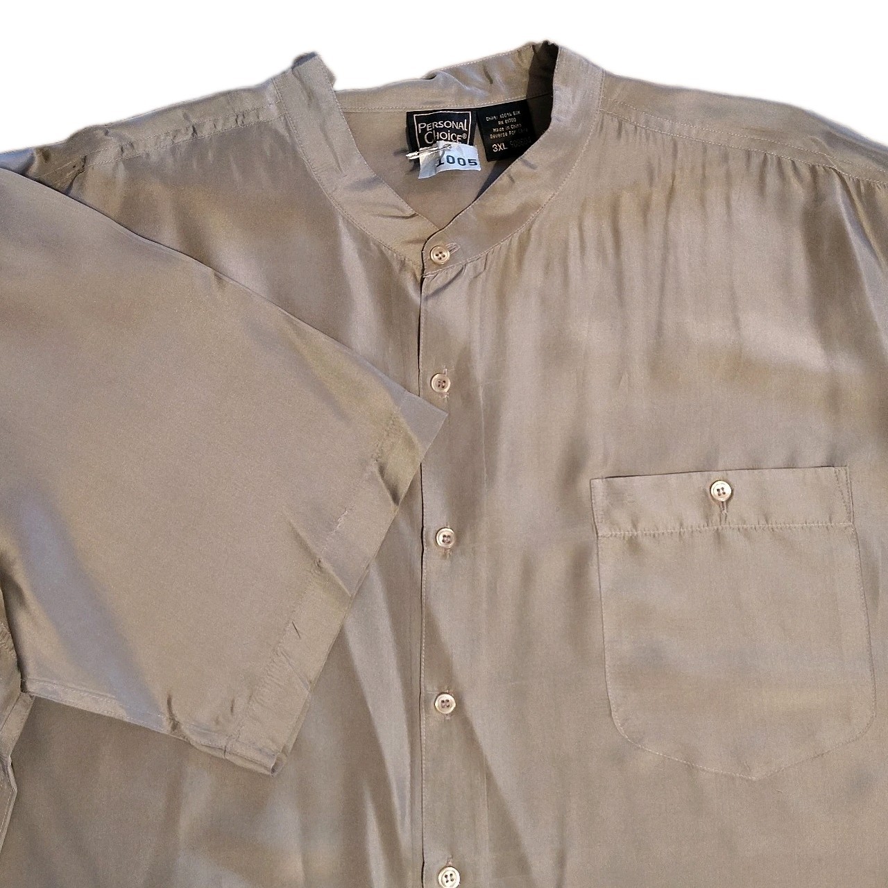 VTG Personal Choice 100% Silk Camp Shirt Men’s 3XL Taupe Band Collar Boxy