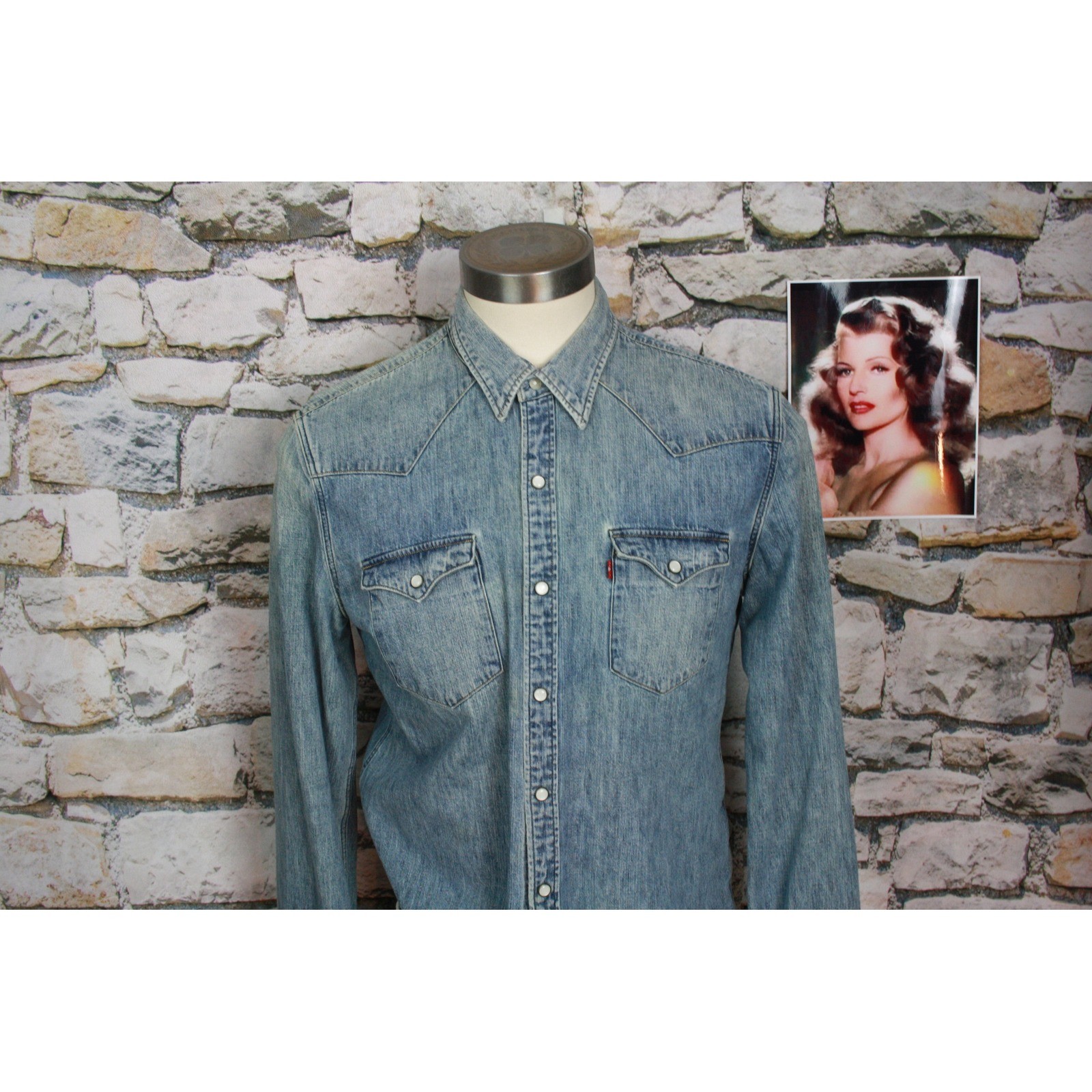 Levis Men Vintage Slim Denim Western Pearl Snap Shirt Light Wash Blue Large L