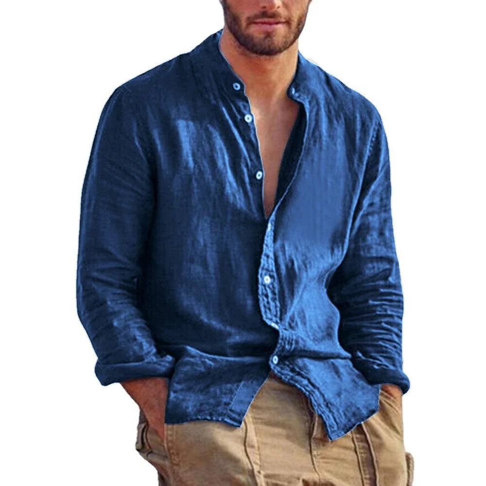 Mens Band Collar Shirt Long Sleeve Casual Button Front Summer Top
