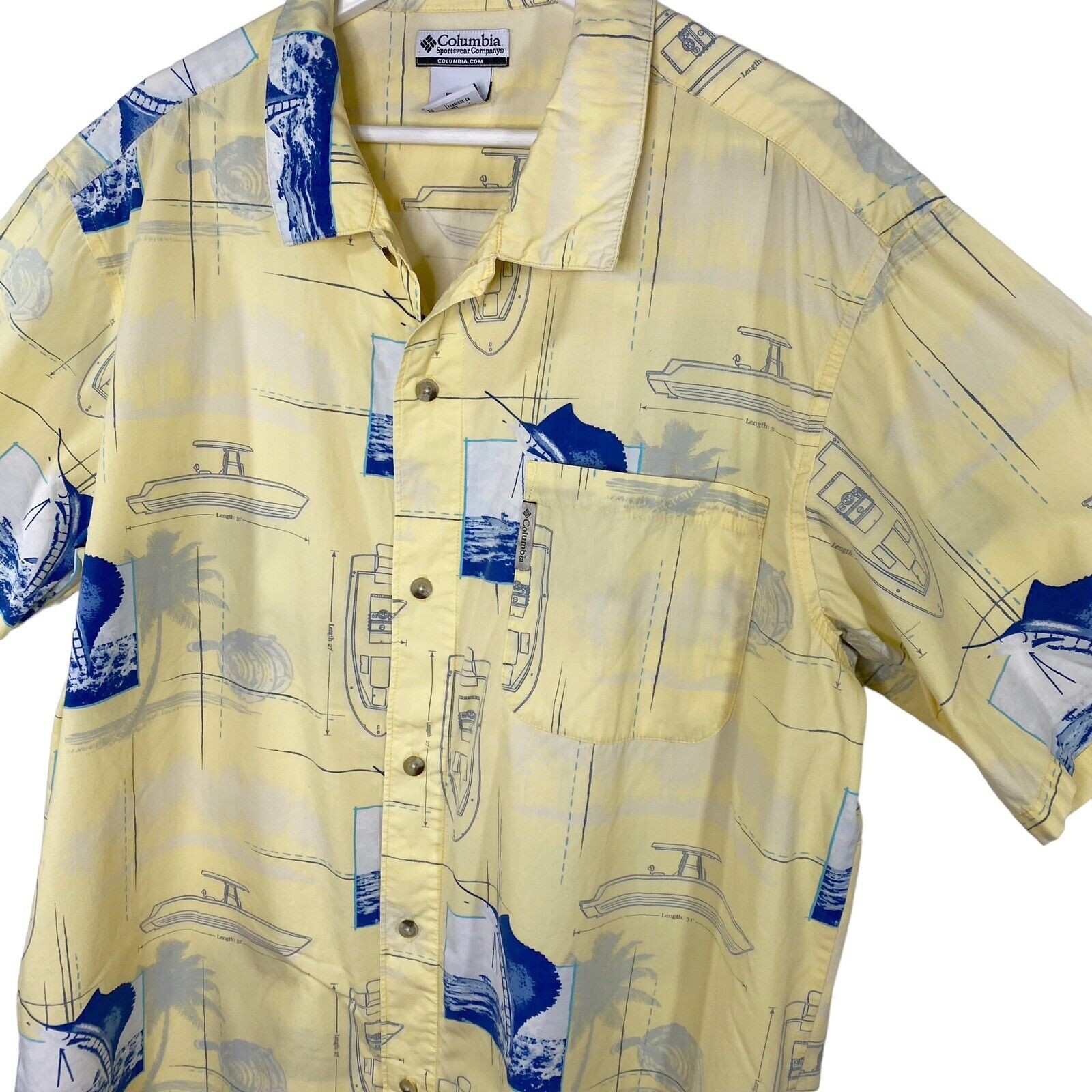 Columbia Shirt Mens Extra Large Yellow Boats/Sword Fish Marlin Button Front