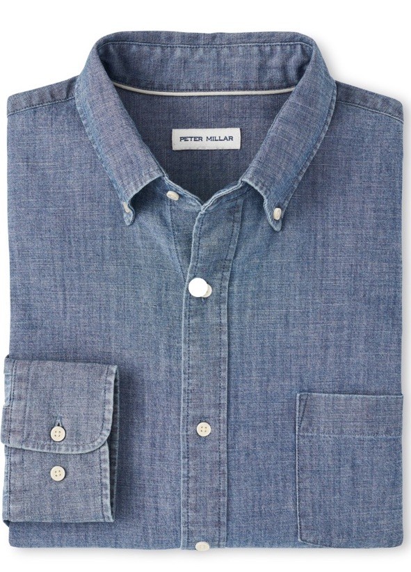 Peter Millar Tamworth Chambray Cotton-Stretch Sport Shirt in Indigo XXL