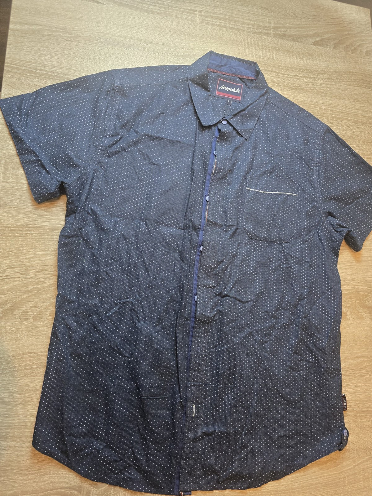 Aero Men’s L Black White Polka Dot Button-Up Shirt Short Sleeve Point Collar