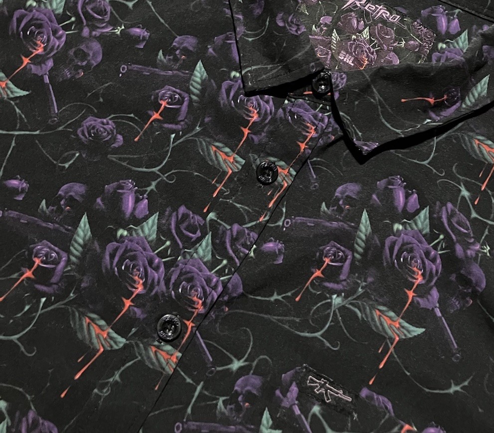 Retro Rifle Shirt Men’s 3XL Sacrifice Skull Rose Short Sleeve Button Up Stretch