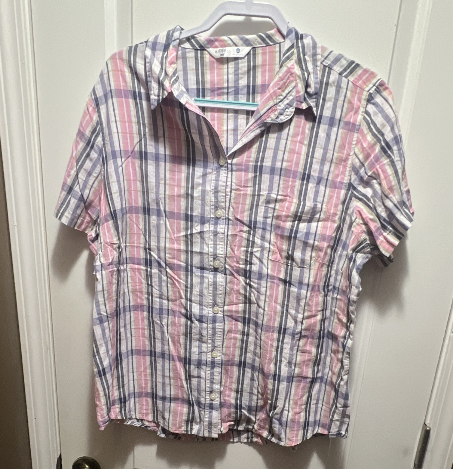 Riders By Lee 2XL Cotton Plaid Short Sleeve Button-Up Shirt Pink Blue White
