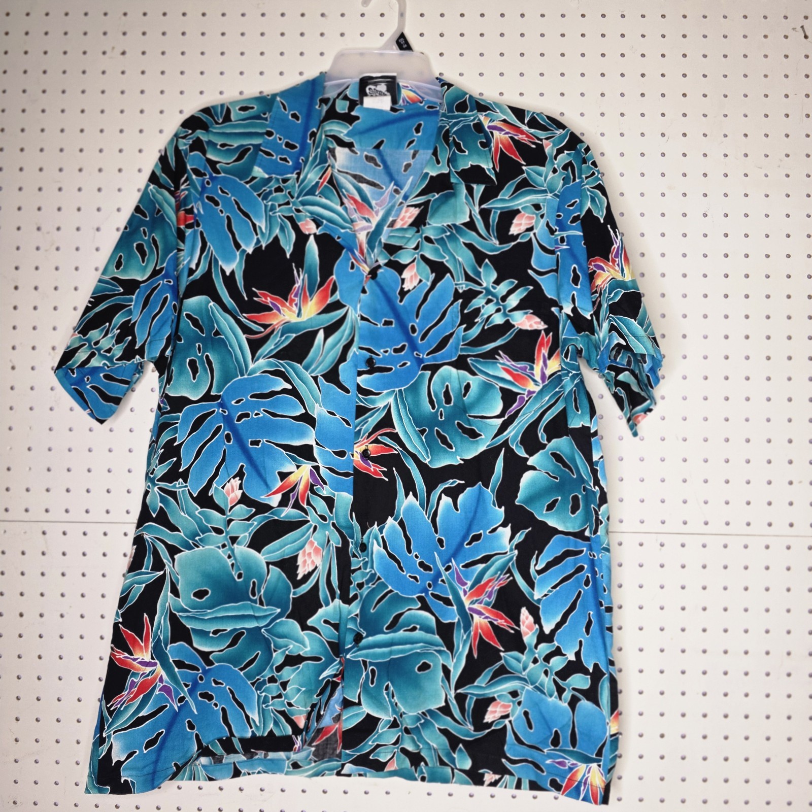 Vintage Hilo Hattie Hawaiian Shirt Mens 2XL Teal Black Floral Print Short Sleeve