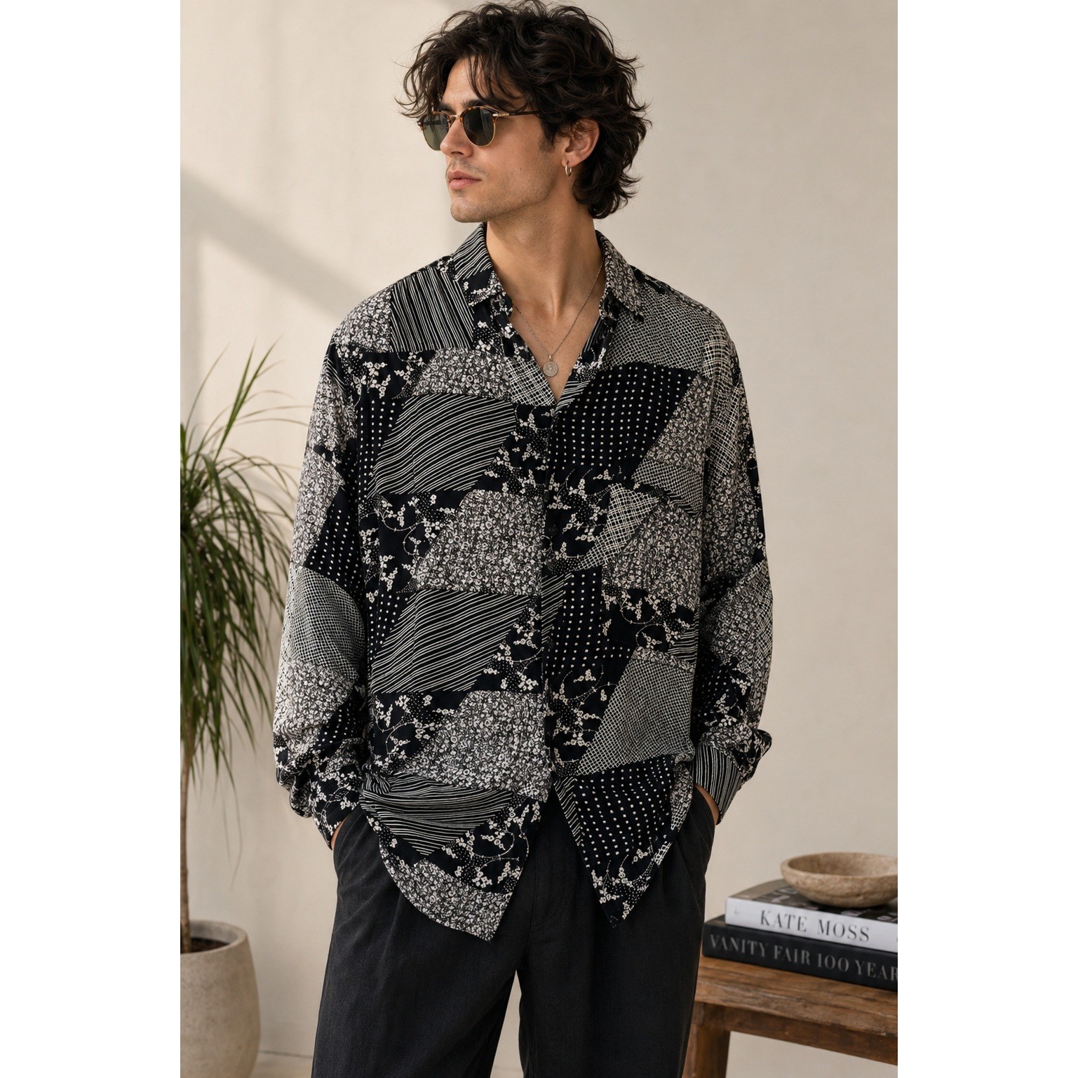 Goouch Vintage Black White Patchwork Rayon Button Down Shirt Mens M Long Slv