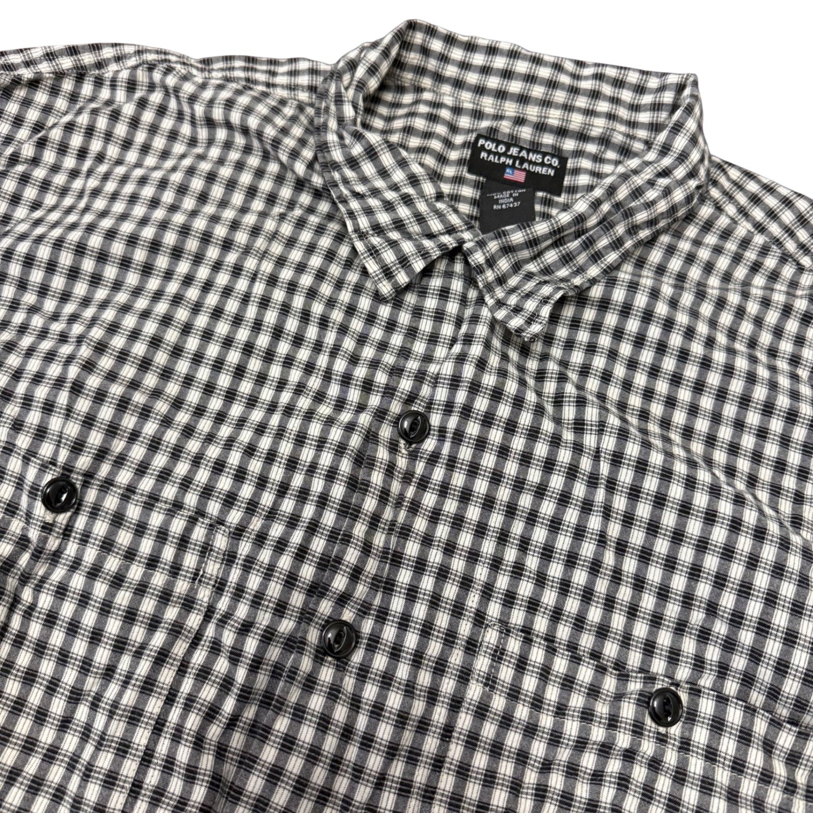 Polo Jeans Co Ralph Lauren Mens 1XT Plaid Button Down Shirt Black White Cotton