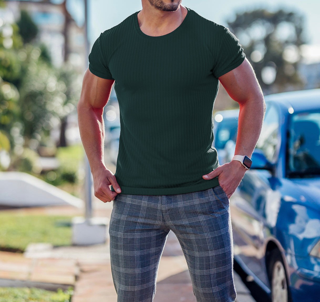 Men’s summer sports casual stand collar vertical stripe crew neck T-shirt