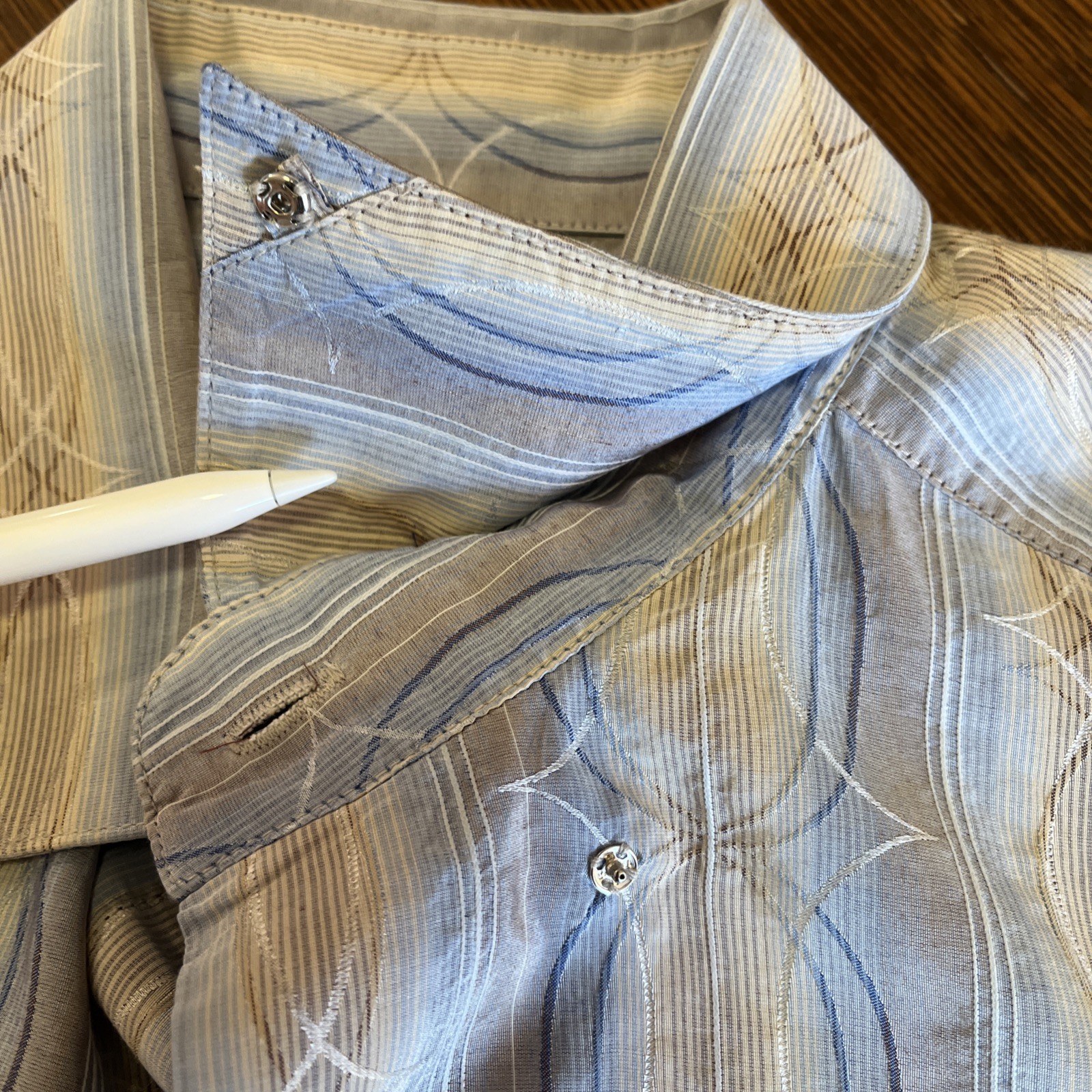 Jhane Barnes Shirt Mens Sz M Silk Cotton Blend Button Up Lt Blue Tan Geometric