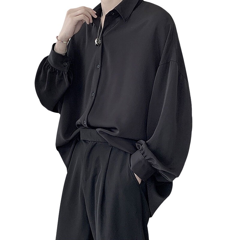 Mens Loose Shirt Long Sleeve Solid Color Draped Shirt Anti-pilling Blouse Tops