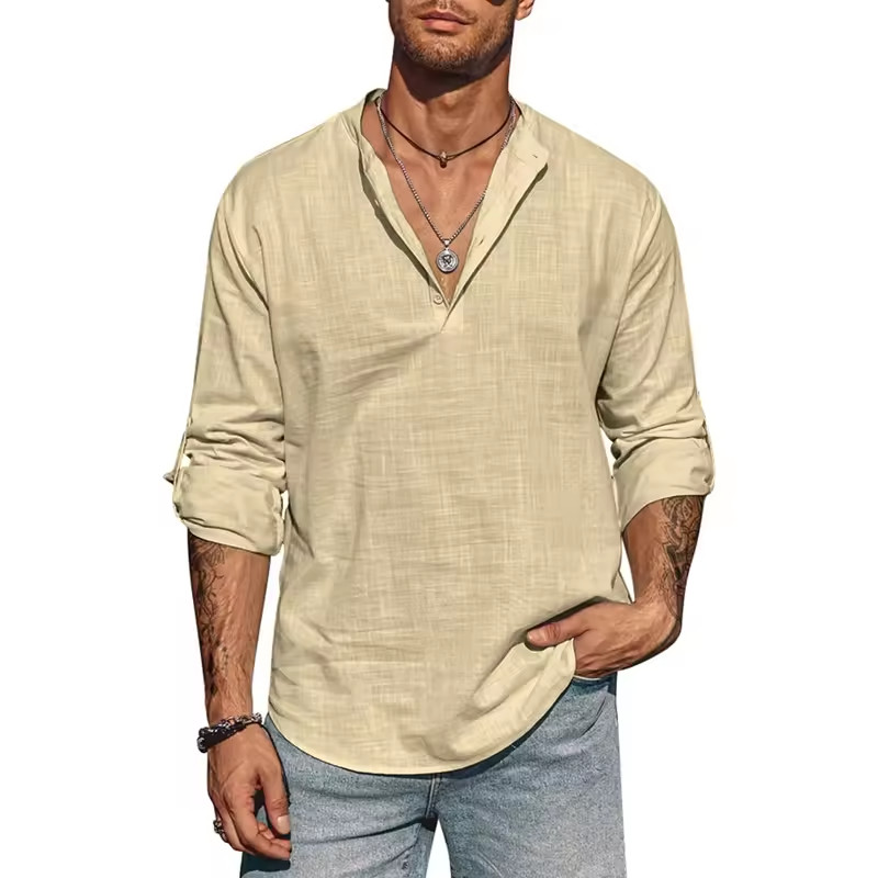 Men’s Stand Collar Linen Cotton Shirt Casual Long Sleeve Beach Tops Loose Shirts