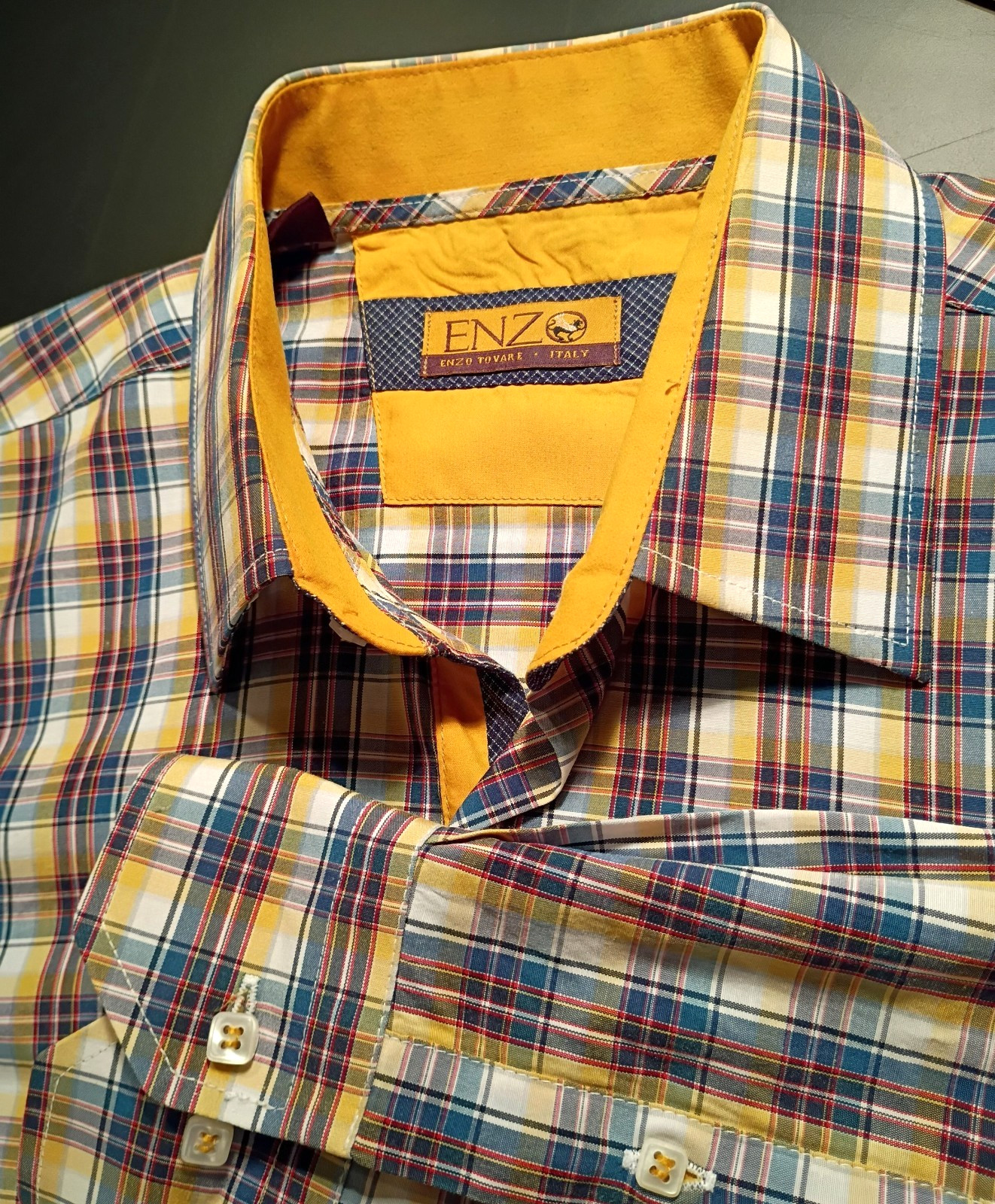 Enzo Made in Italy Button Up Mustard Teal Plaid Shirt Size M/L Convertible Cuff