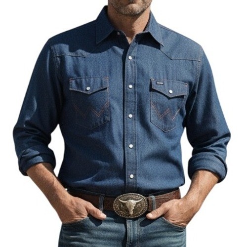 VTG Wrangler Sanforized Blue Denim Men’s Pearl Snap Button Western shirt 17.5×35