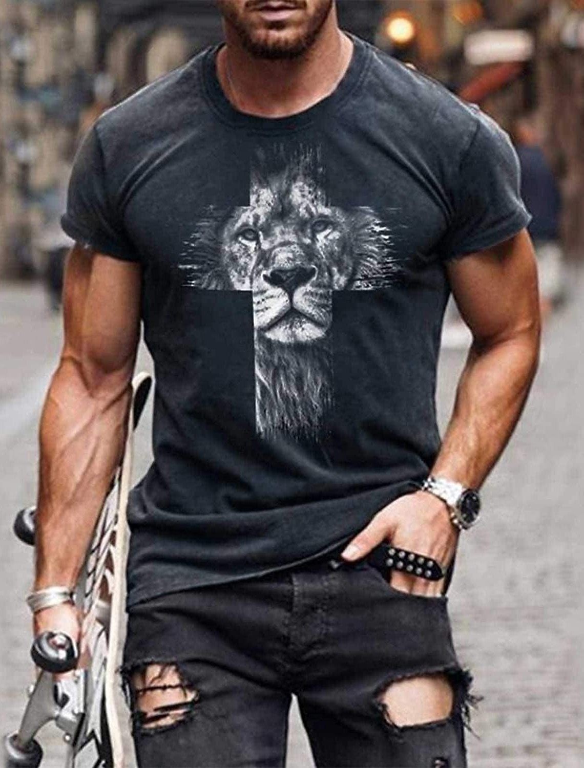 Streetwear style black men’s tiger pattern crew neck printed T-shirt