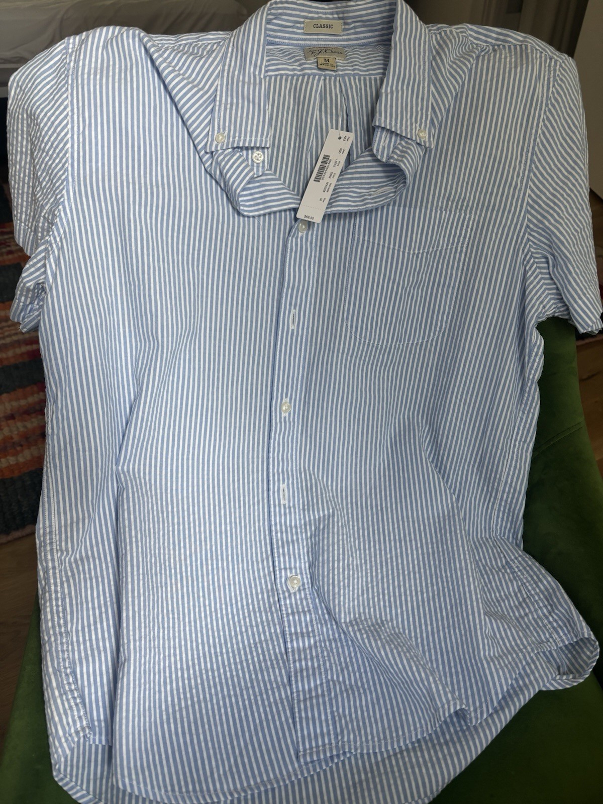 J. Crew – RARE- Short Sleeve Men Medium Blue/ White Seersucker Brand New