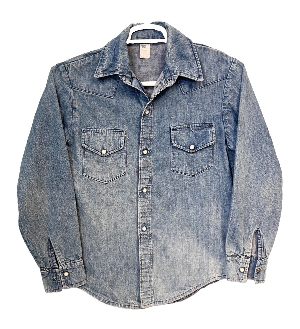 Vintage 70s Denim Pearl Snap Western Shirt Medium Faded Workwear Chambray