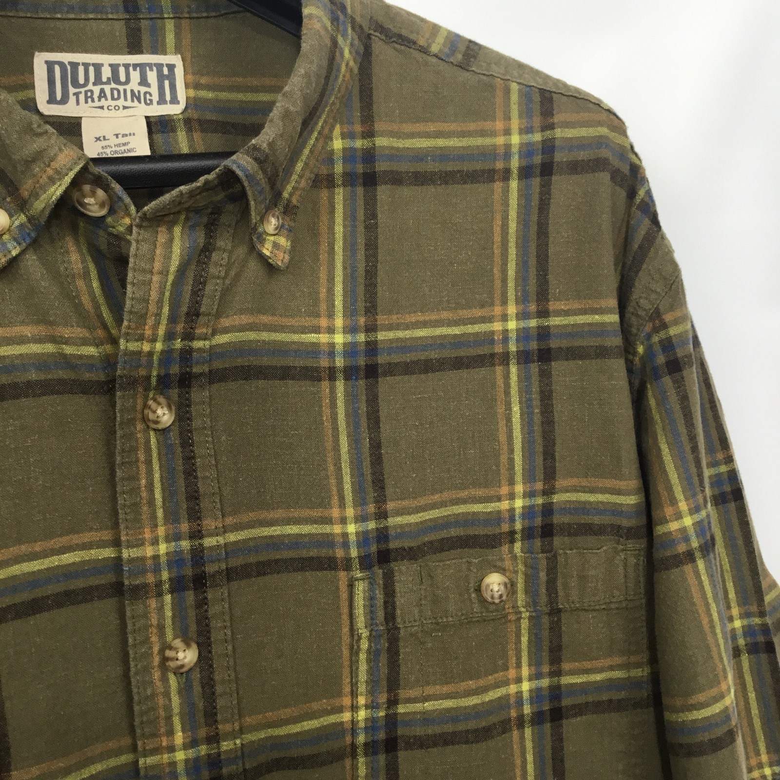 Duluth Mens Hemp Organic Cotton Shirt XLT Green Tattersall Short Sleeve Relaxed