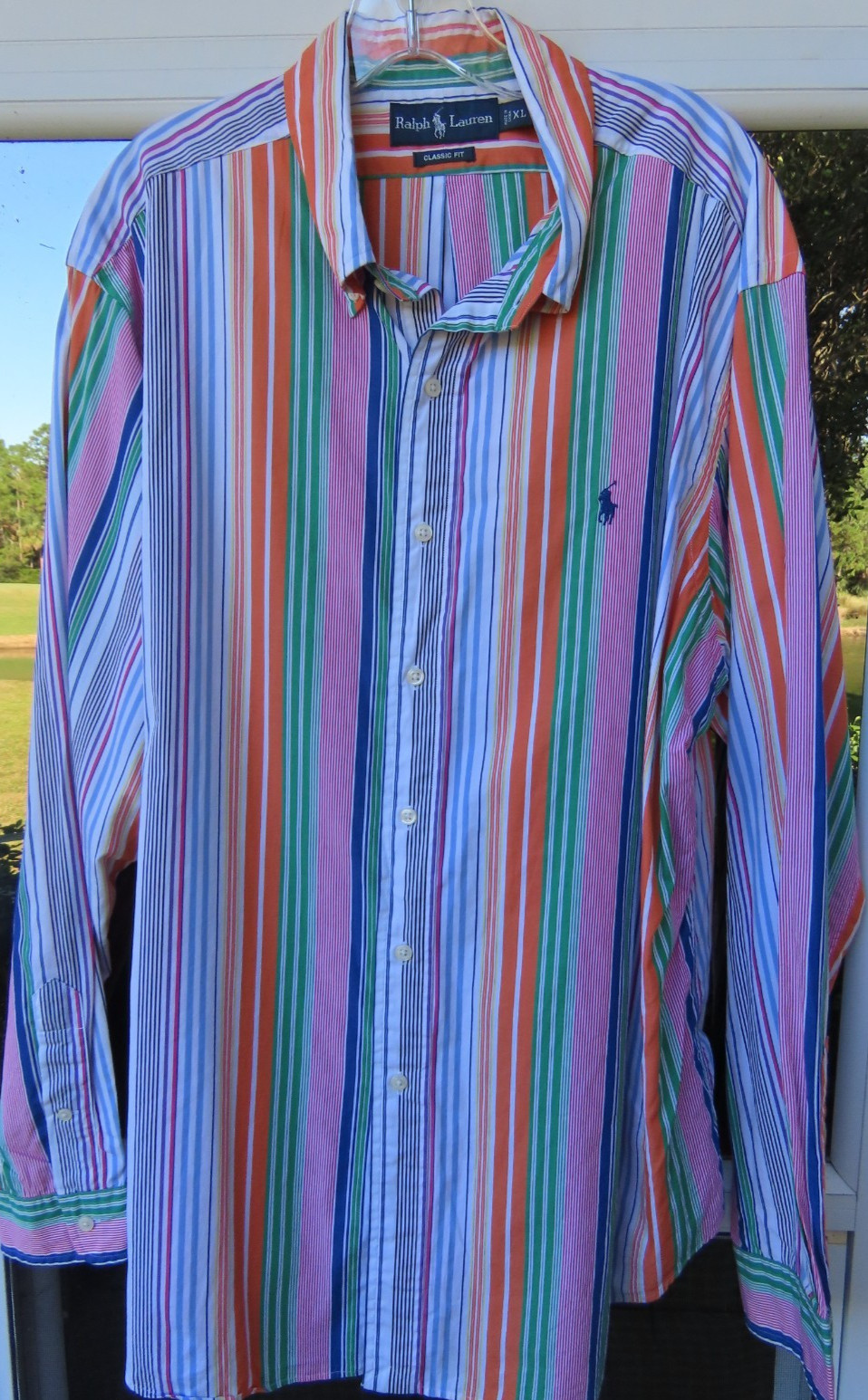 Ralph Lauren Mens Pure Cotton Colorful Striped Blue Polo Pony Casual Shirt XL