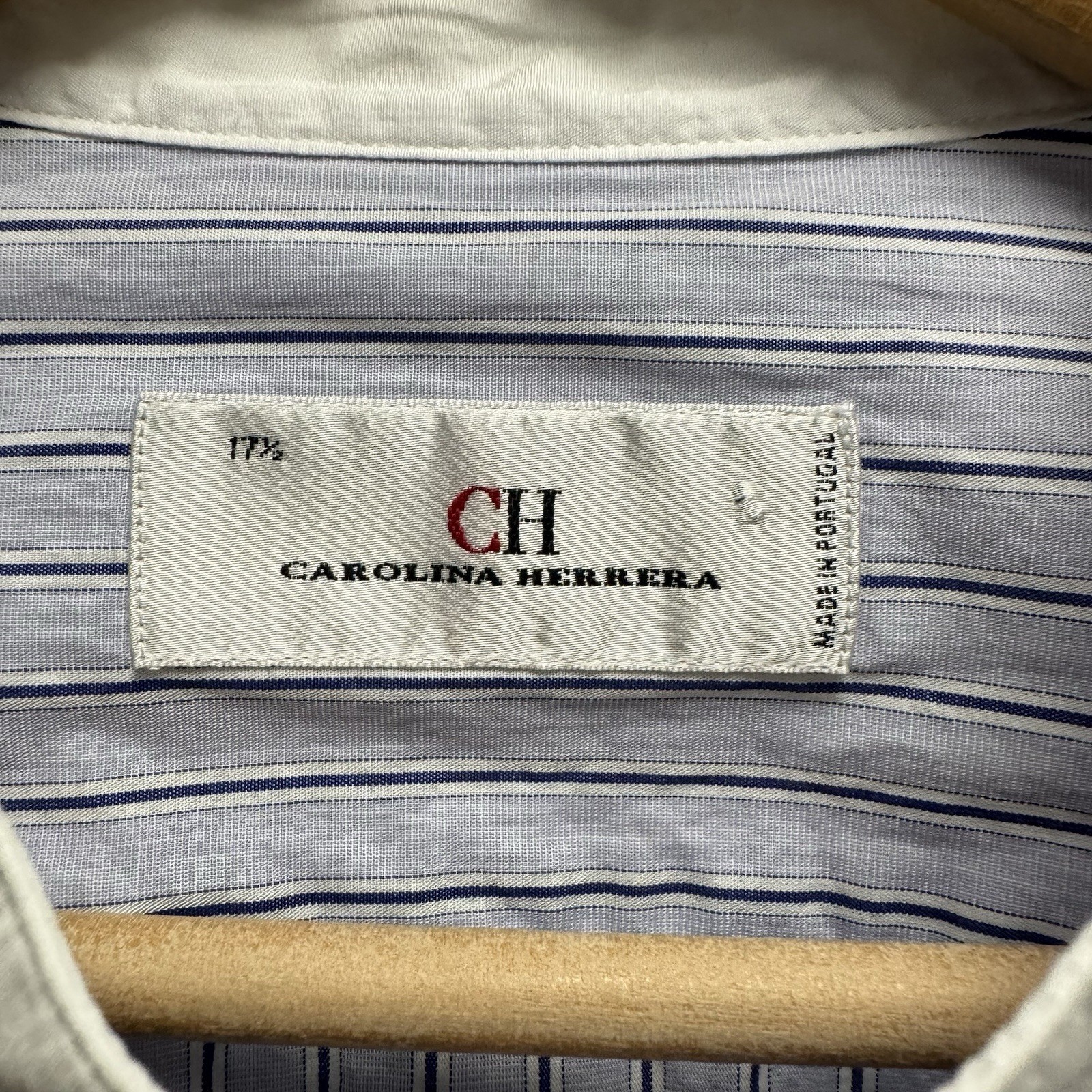 Carolina Herrera Mens 17.5 Purple/White Striped Band Collar CH Logo Cotton Shirt