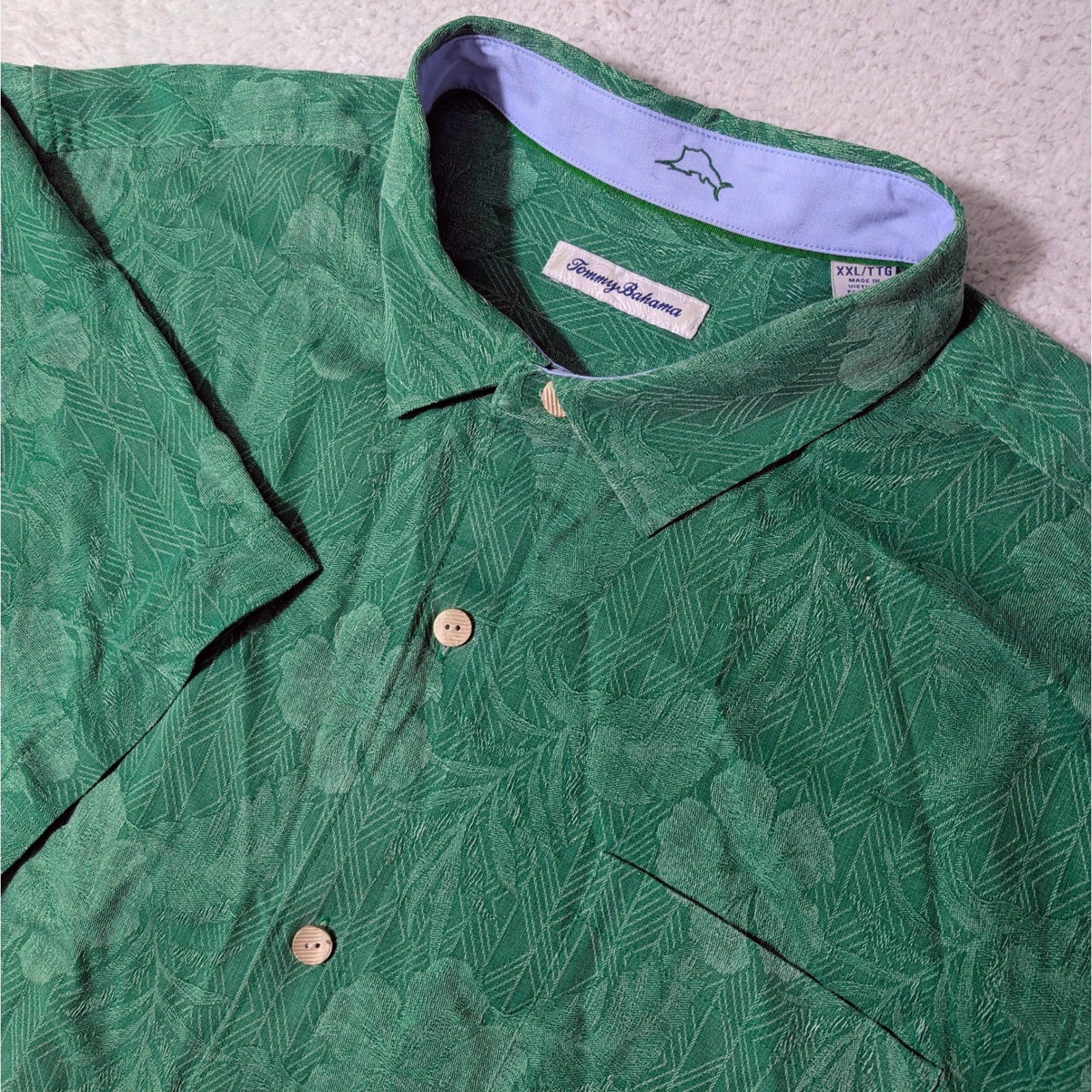 Tommy Bahama Button Shirt Men XXL Green Silk Jacquard Tropical Floral washable