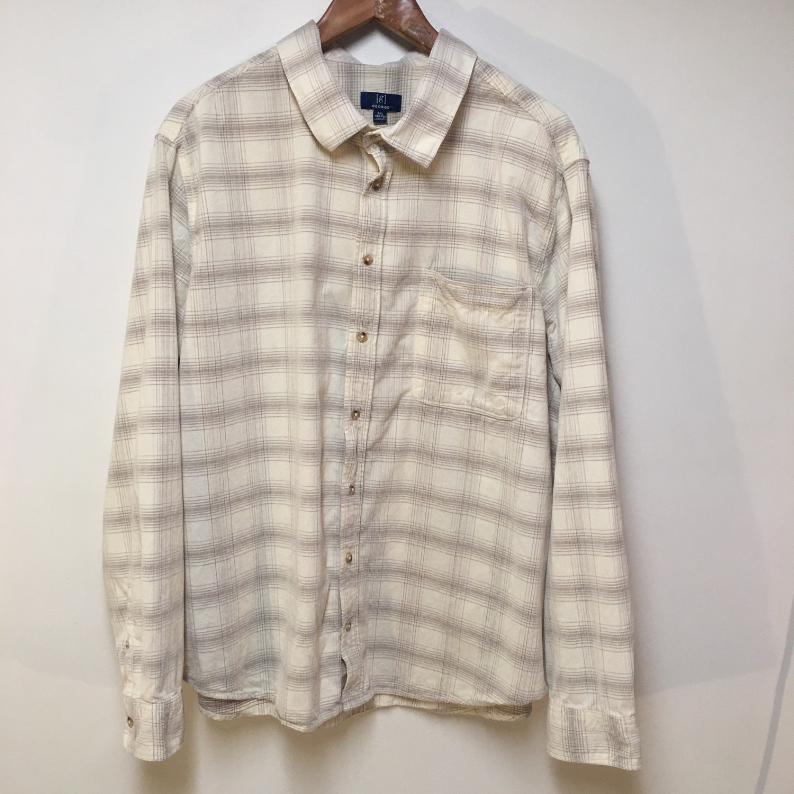 George Mens 2XL 50-52 Shirt Cream Plaid Button Up Corduroy 100% Cotton 90s