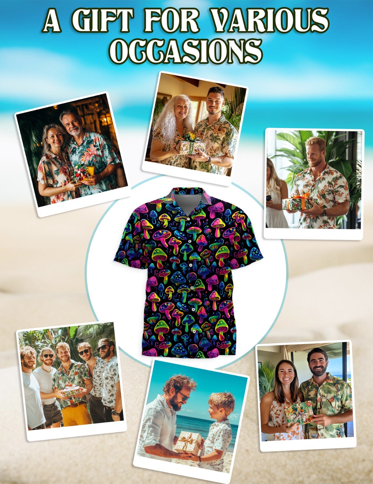 Neon Mushroom Hawaiian Shirt Psychedelic Retro Graphic Aloha Unisex
