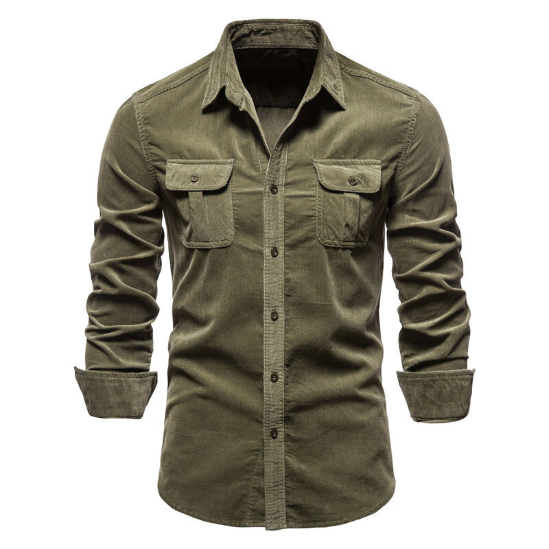 Men’s Shirt Autumn Warm Cotton Corduroy Slim Fit Casual Shirt Long Sleeve Jacket