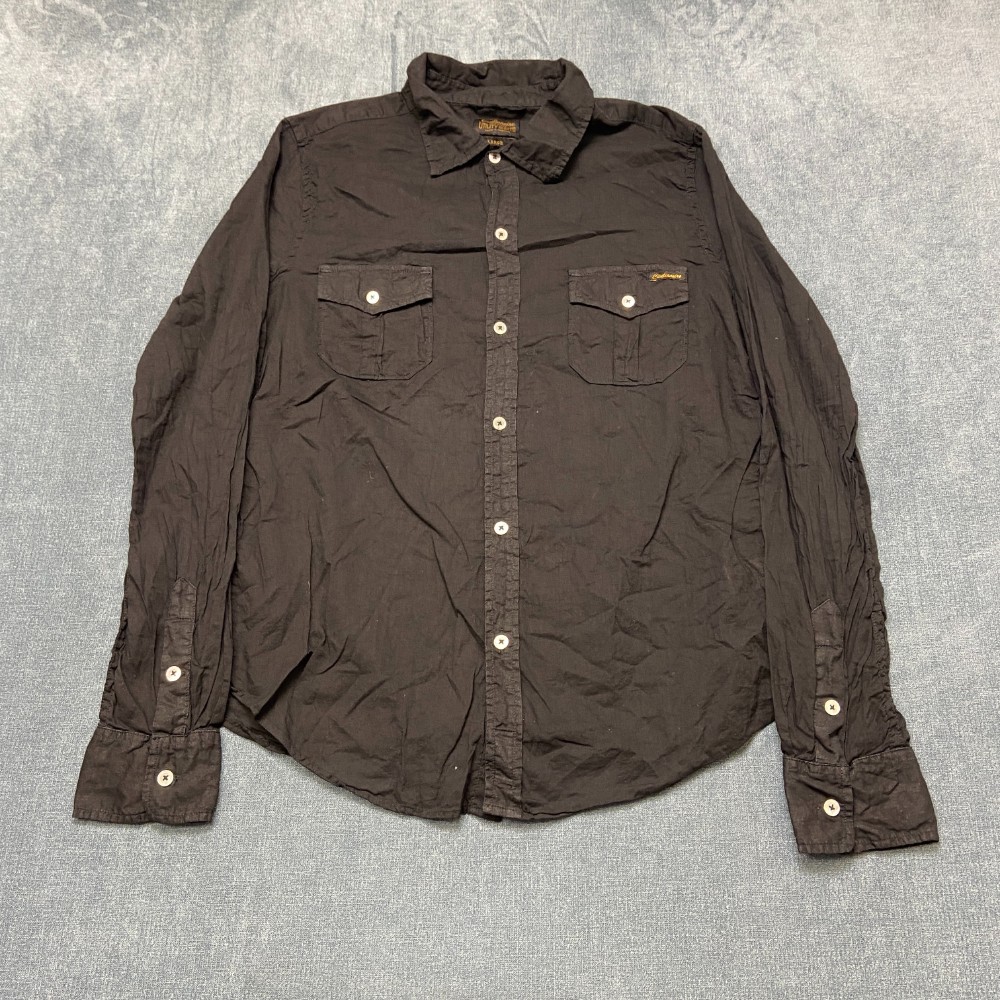 Civilianaire Utility Shirt Men L Black Cotton Notch Flap Chest Pockets Button Up