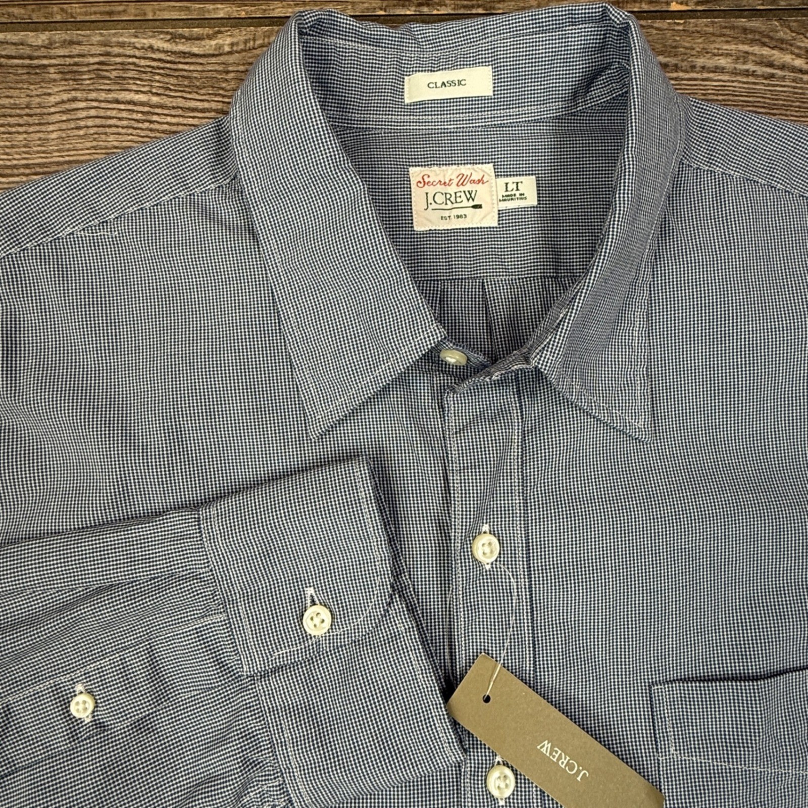 J.Crew Mens LARGE TALL Button Down Shirt Navy Gingham Secret Wash Classic NWT