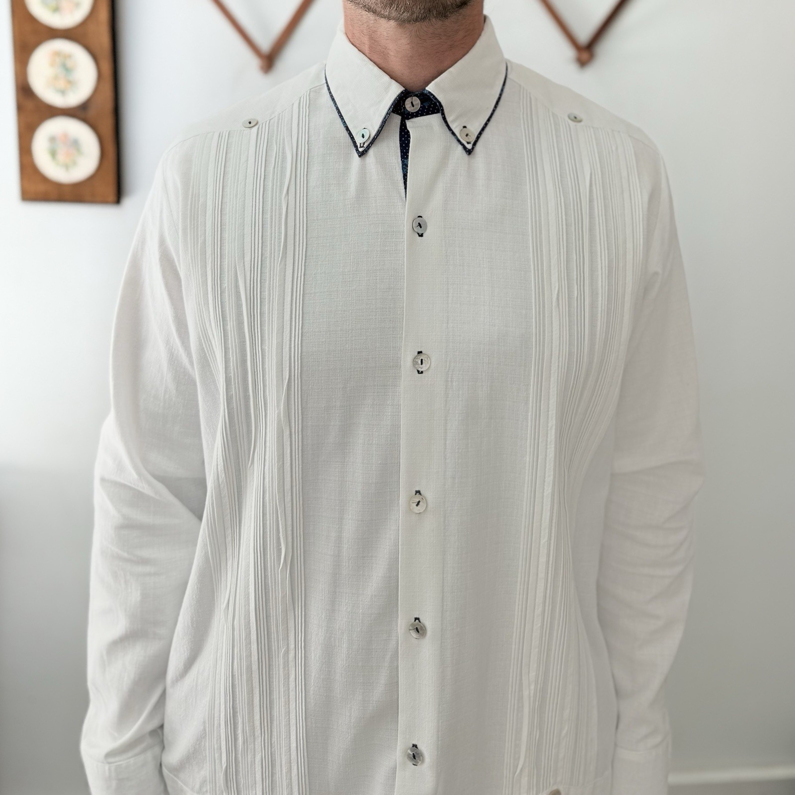 White Linen Casual Tuxedo Style Button Up Shirt Beach Wedding Mens 40 Medium