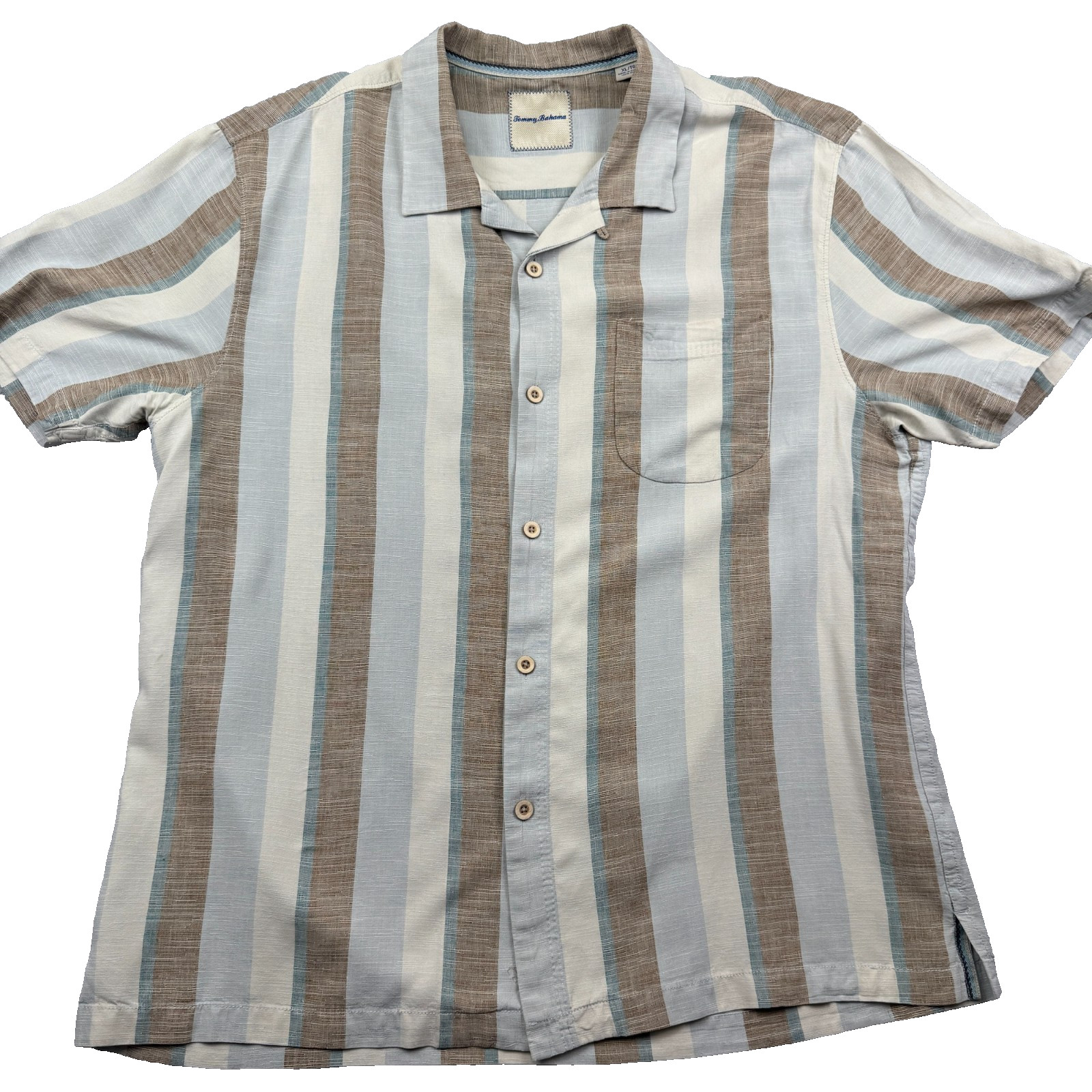 Tommy Bahama Camp Shirt Men’s XL Multicolor Striped Pleated Side Slit Button-Up