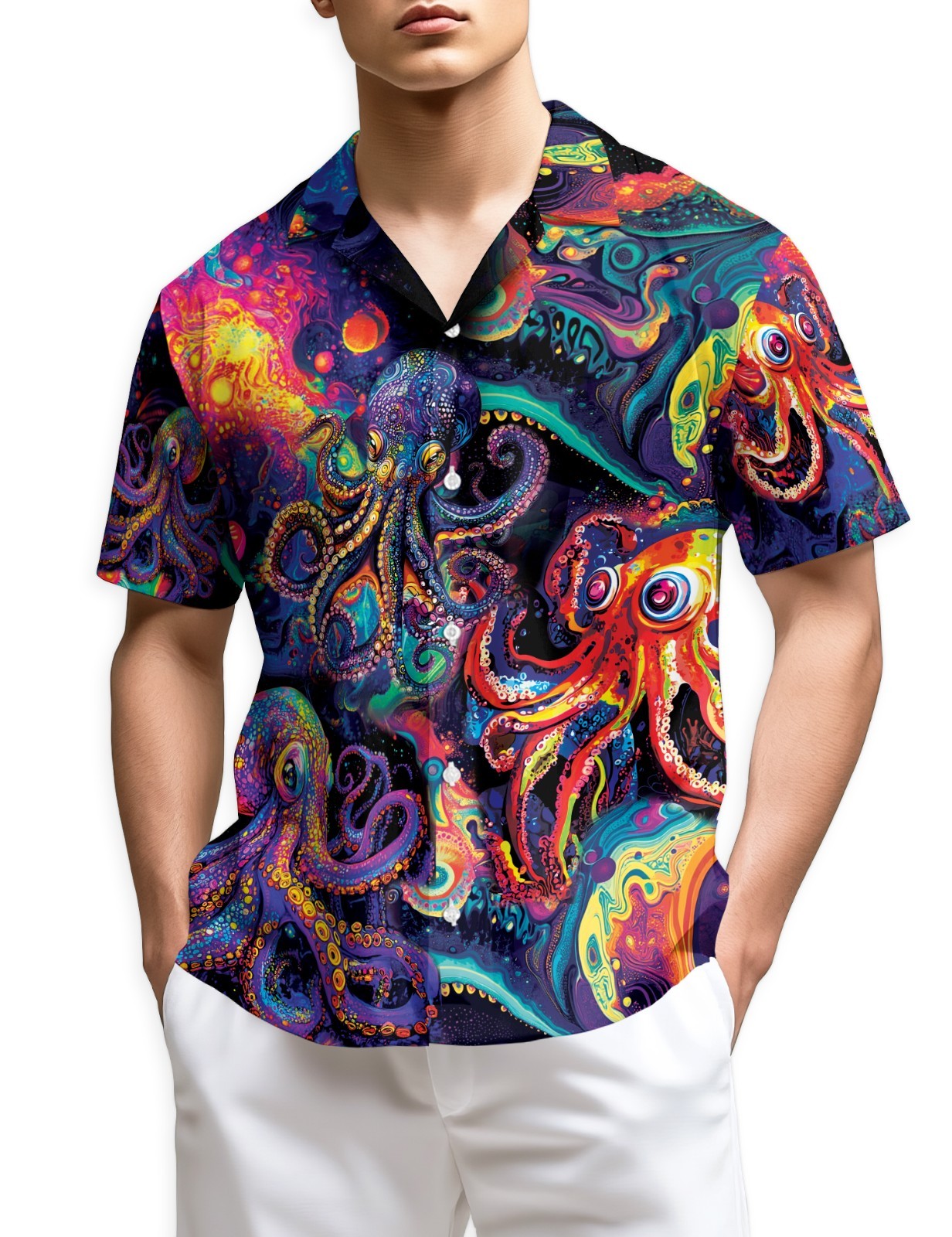 Octopus Hippie Hawaiian Shirt Ocean Animal Retro Summer Button Up