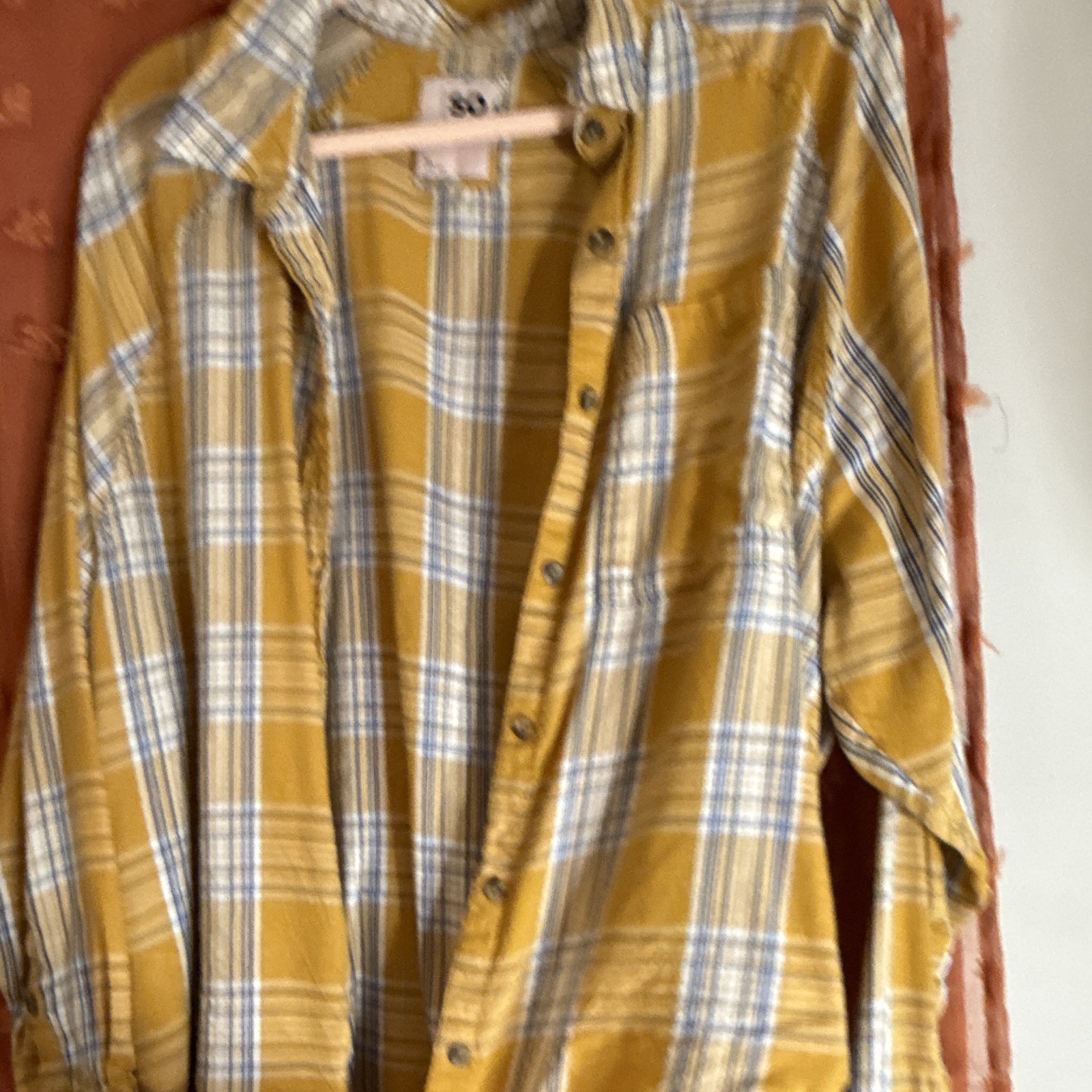 SO Men’s XL Yellow/White/Blue Plaid Long Sleeve Button-Up Shirt Point Collar