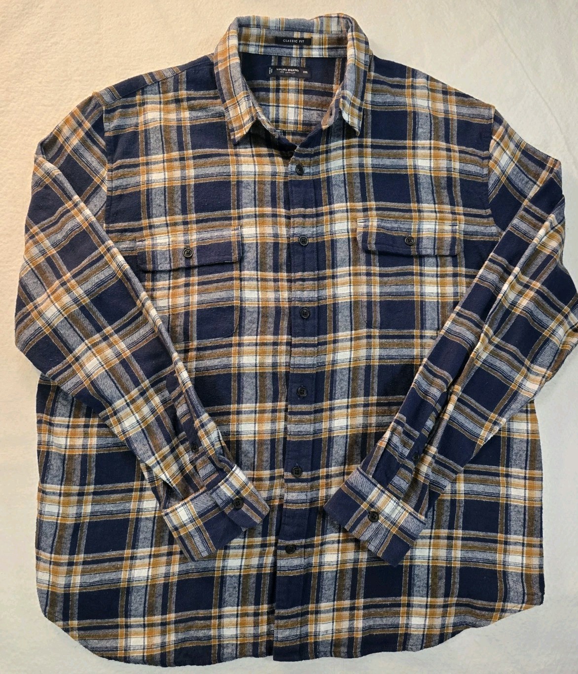 Lucky Brand Shirt Mens XXL Indigo Flannel Button Up Plaid Classic Fit Pocket