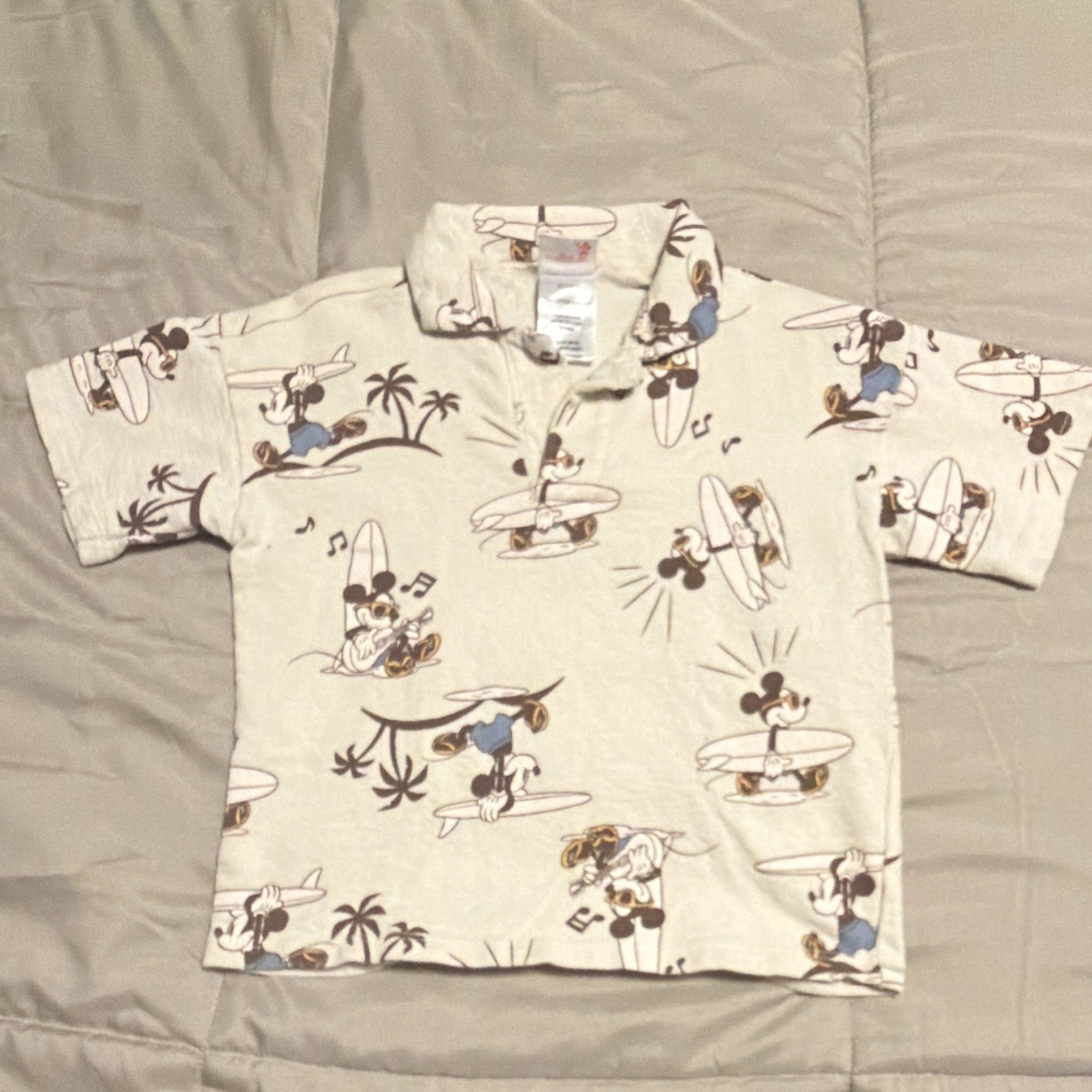 Disney Mickey Mouse Beige Woven Cotton Button-Up Shirt, Short Sleeve 2T