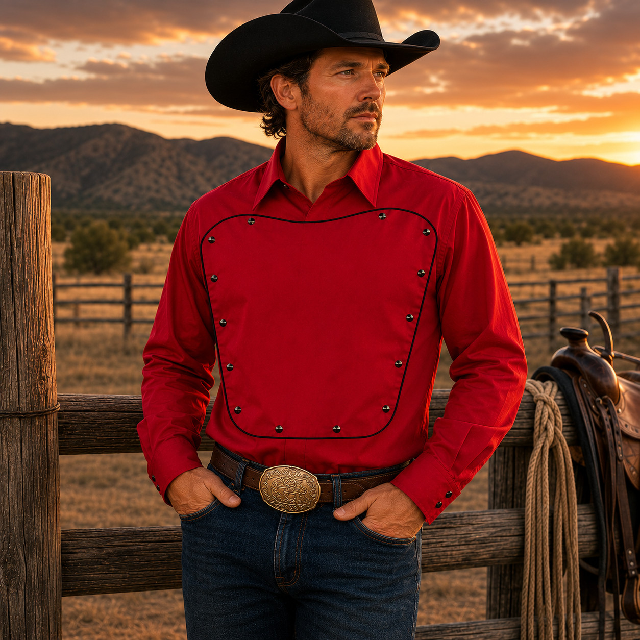 Western Express Bib Front Cowboy Shirt Red Studded Pearl Snap Western Men’s 2XL