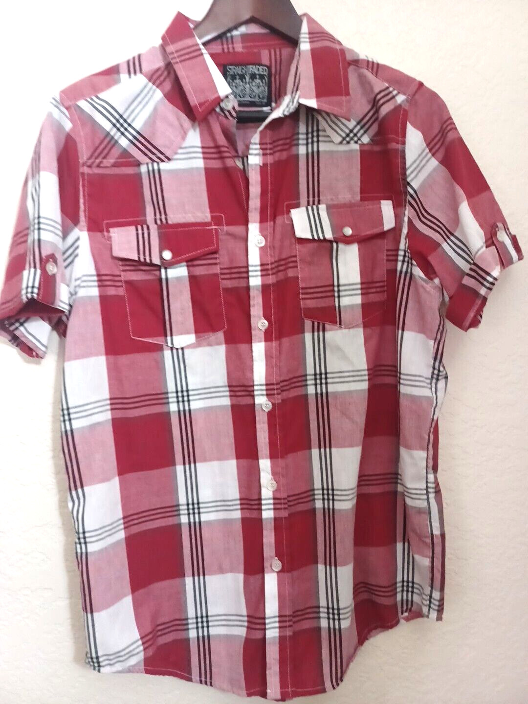 STRAIGHT FADED Button Up Shirt Mens MEDIUM Red Plaid Short Sleeve Pearl Snap