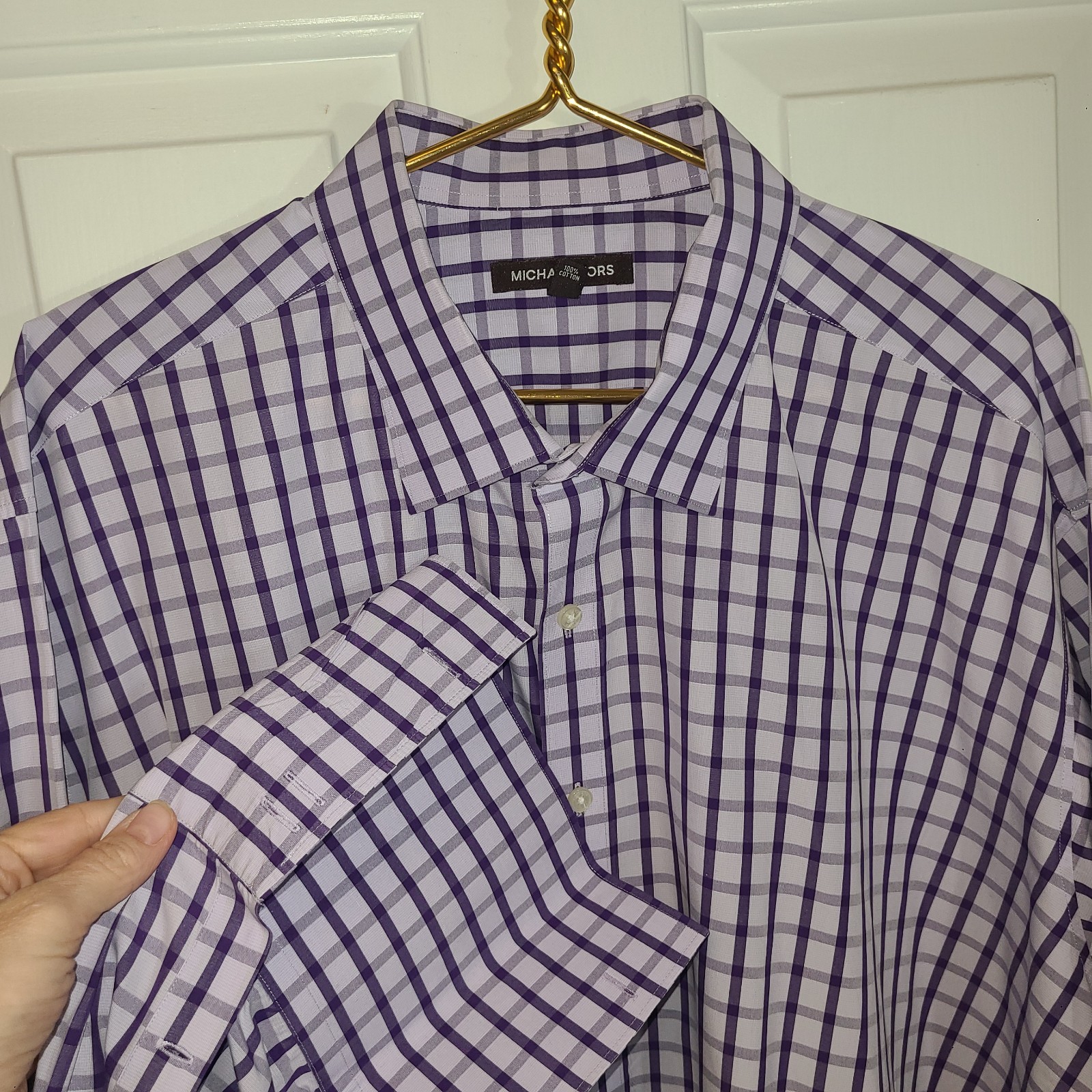Michael Kors Men’s Button-Up Purple Plaid Long Sleeve Cuff Links 20 34/35