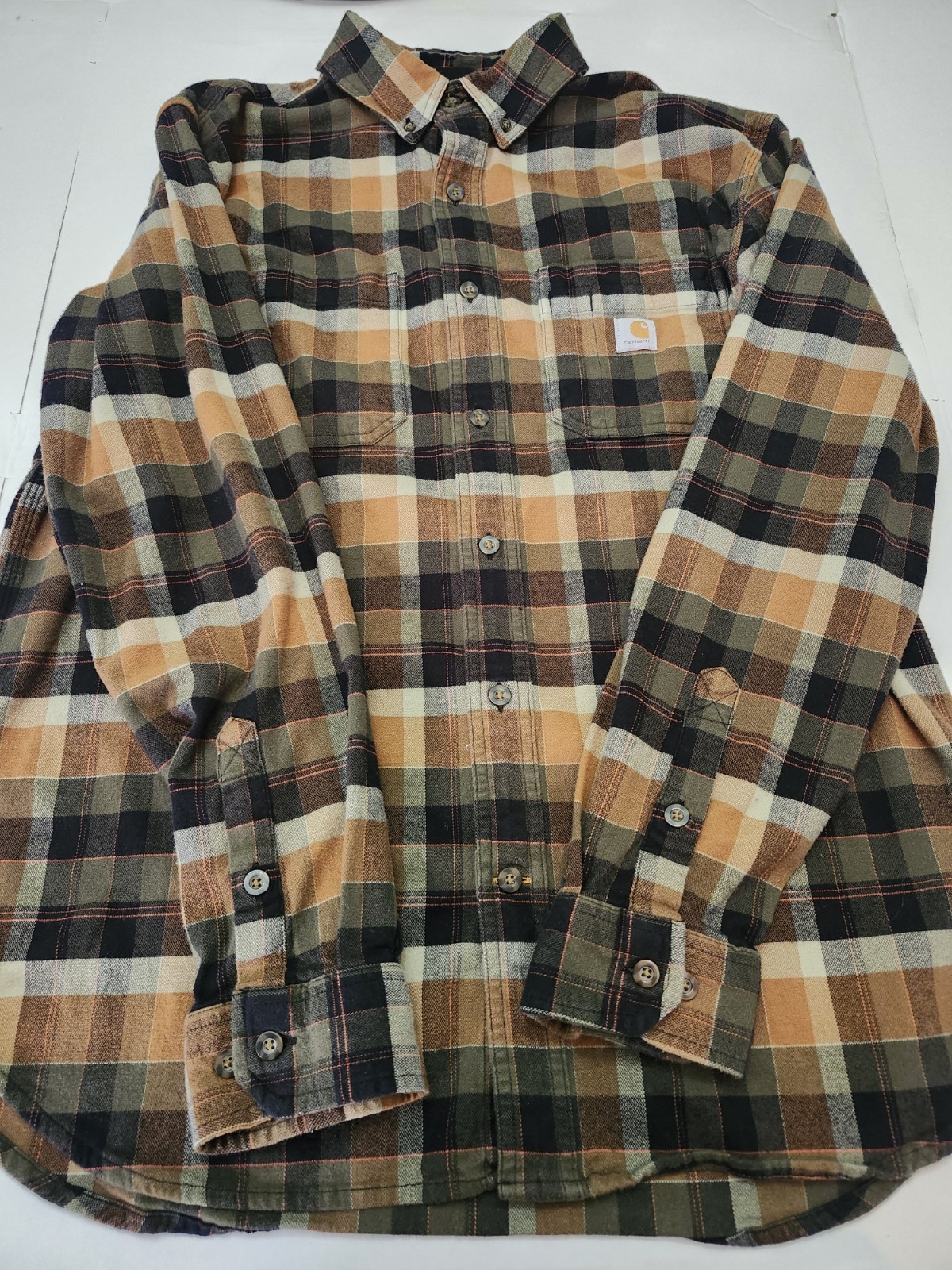 Carhartt Relaxed Fit Flannel Shirt Men’s Large Brown Tan Plaid Work Heavyweight