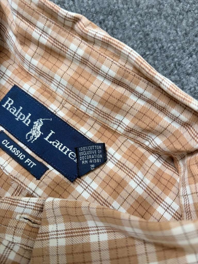 Ralph Lauren Button Down Shirt Brown White Plaid Cotton Long Sleeve Size Large